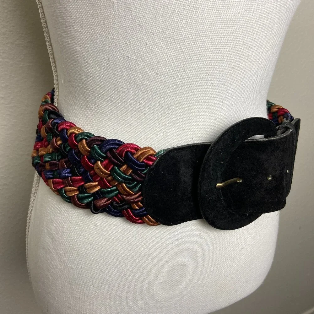 Vintage 80s/90s Wide Braided Belt Leather & Rayon Stretchy Size M
